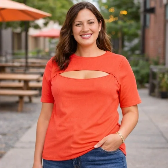 AVA & VIV Ribbed Cutout Top Coral Orange Short Sleeve Casual Shirt 4X - Picture 9 of 13